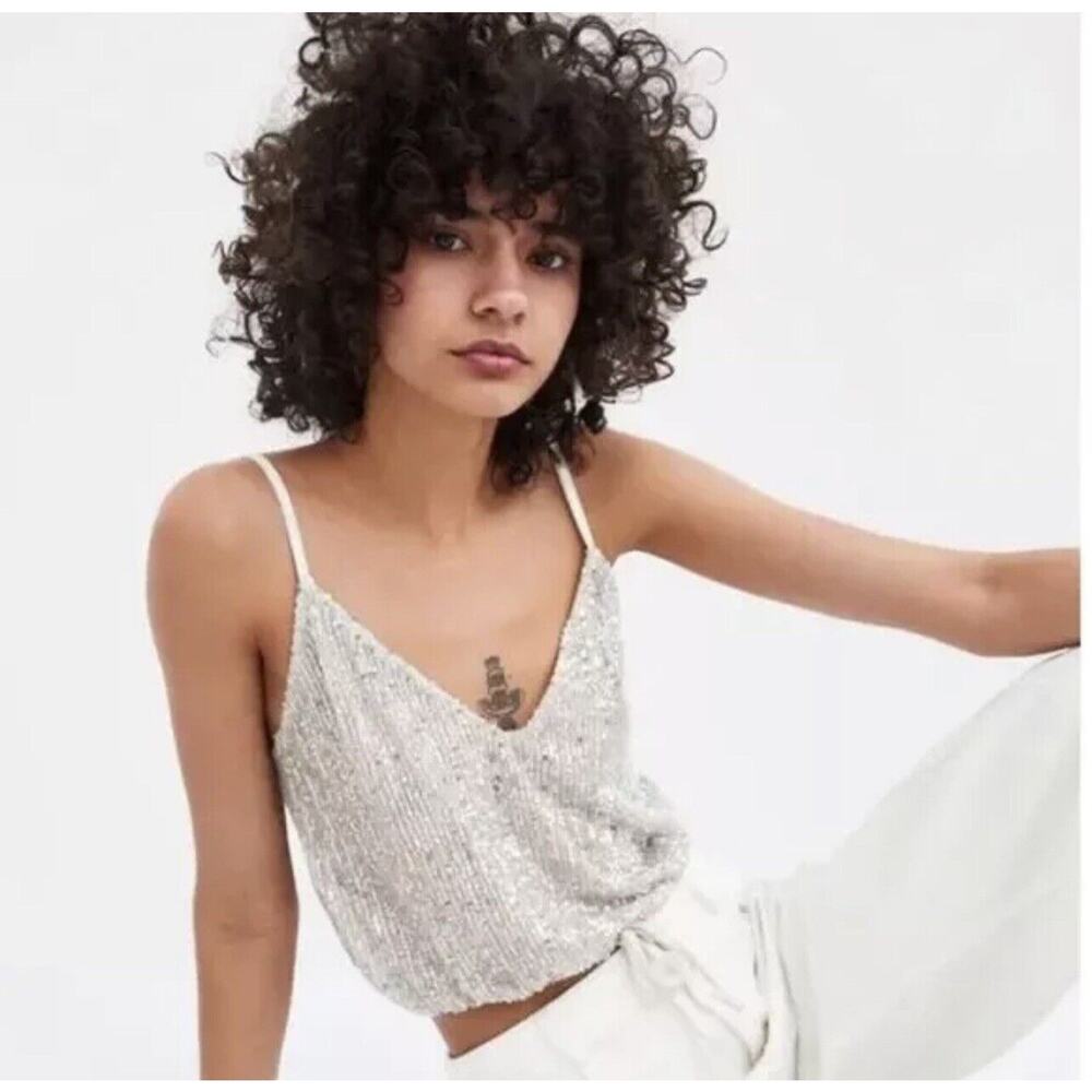 ZARA Metallic Gold / Beige Womens SIZE LARGE Sequined Cropped Cami Camisole Tank